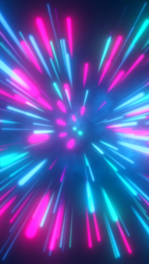 Exploding neon trails in pink and cyan burst outward from a central glowing.. Video stock 311338505