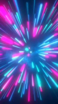 Exploding neon trails in pink and cyan burst outward from a central glowing c Stock Photos