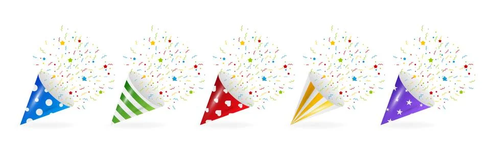 Exploding party popper with confetti and streamer Stock Illustration