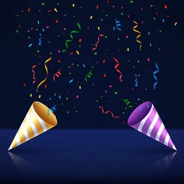Exploding party popper with confetti. Celebrate out of party. Vector. Stock Illustration