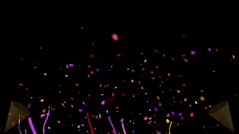 Exploding party poppers spraying colorful confetti and streamers on black Vídeos de archivo 344416169