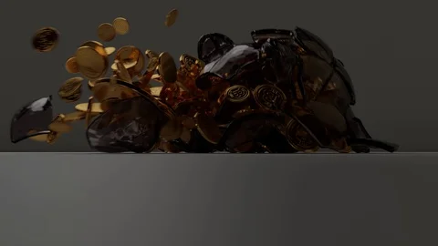 Exploding Piggy Bank w/ Golden Bitcoin Stock Footage 102716206