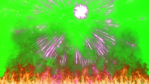 Exploding Pink Fireworks Above Burning Flames and Smoke on Green Screen Stock Footage 337453761