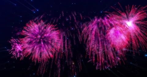 Exploding pink fireworks animation against dark night sky Video stock 304488530