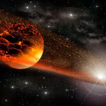 Exploding planet with a Saturn meteorite field Foto stock