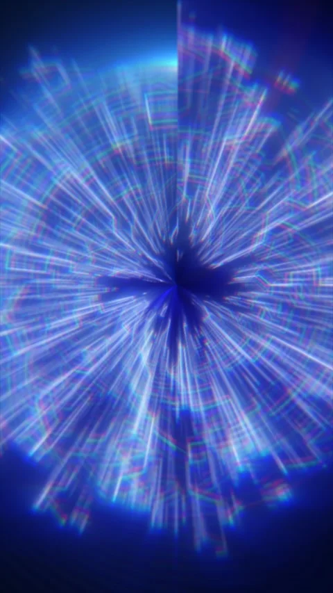 Exploding radial burst of blue neon light streaks converging into a bright .. Stock Footage 321413641