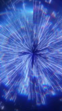 Exploding radial burst of blue neon light streaks converging into a bright .. 스톡 일러스트