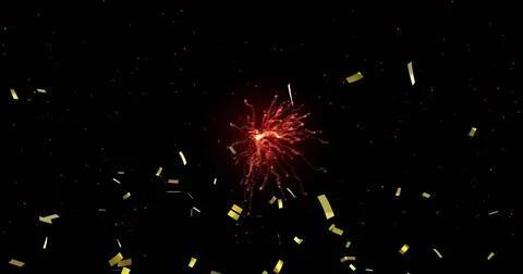 Exploding red firework burst sending red spark trails across night sky, metallic Stock Illustration