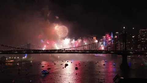 Exploding rockets in blue red and white colors in front of New York City 動画素材 313053845