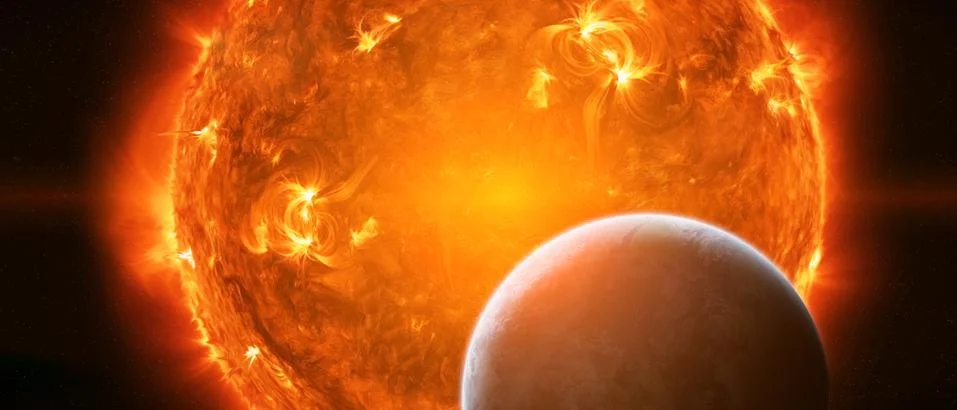 Exploding sun in space close to planet Earth Stock Illustration