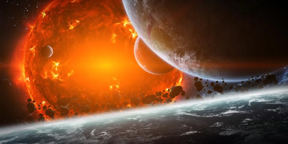 Exploding sun in space close to planet 스톡 일러스트