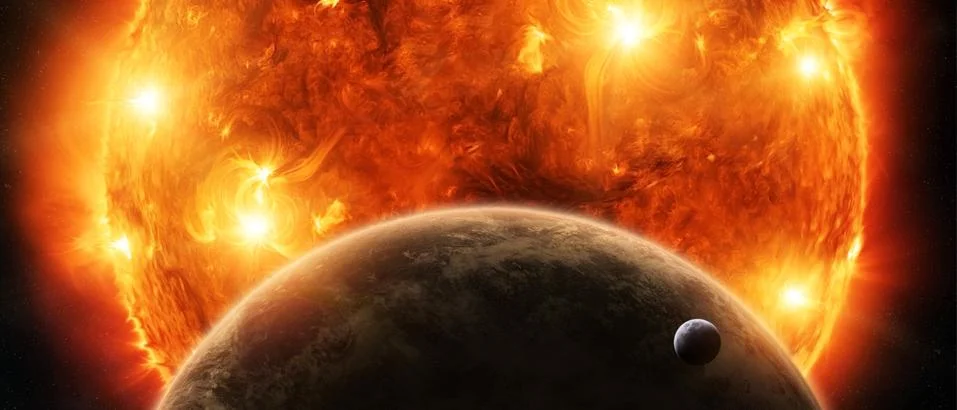 Exploding sun in space close to planet Earth and moon イラスト素材