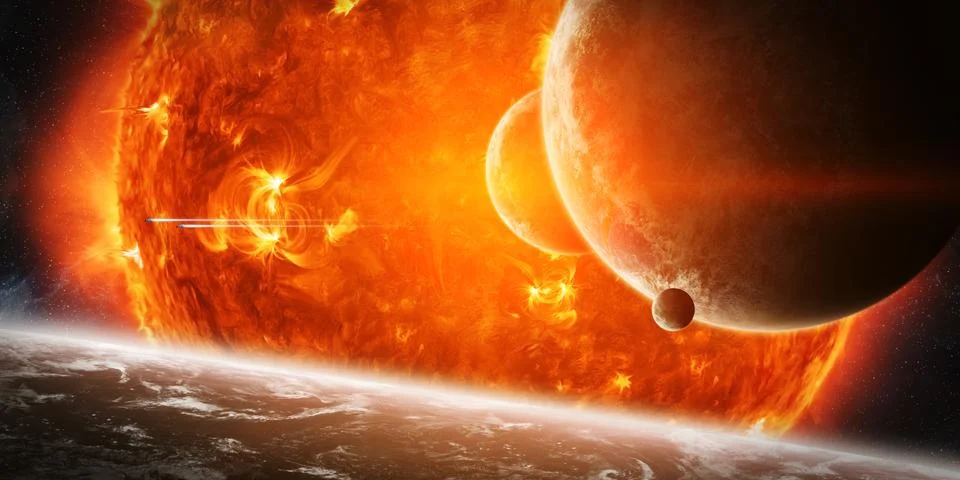 Exploding sun in space close to planet Stock Illustration