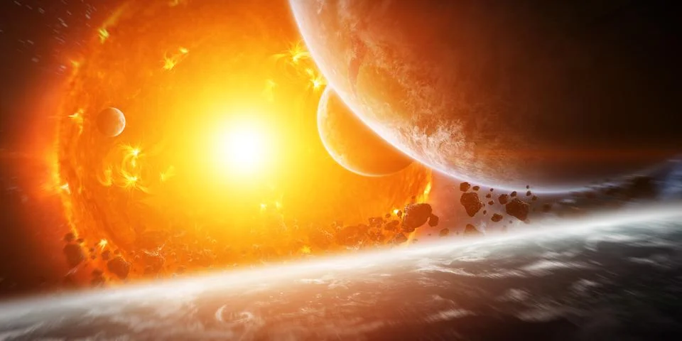 Exploding sun in space close to planet イラスト素材