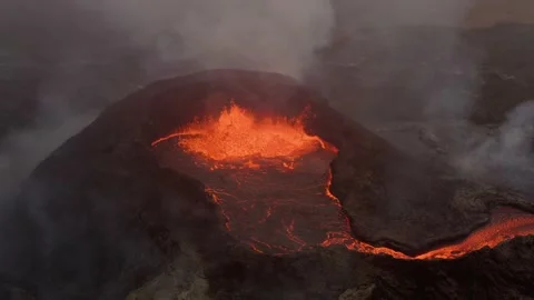 Exploding Volcano Crater With Hot Lava Flowing And Smoke Rising. Volcanic Stock Footage 158733608