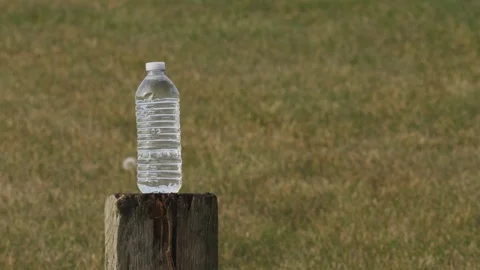 Exploding water bottle on a wooden log in  slow motion.  Water droplets Stock Footage 112927538