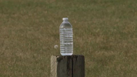 Exploding water bottle on wooden log .  Water droplets rain down. 動画素材 113027627