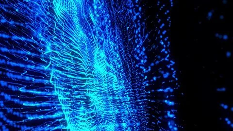 Exploding wave of luminous blue particles in motion against a dark background Stock Illustration