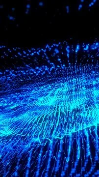 Exploding wave of luminous blue particles in motion against a dark background 스톡 일러스트