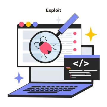 Exploit software tool. Software bug or vulnerability break out. Cyber Illustrazione stock