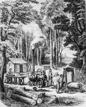 Exploitation of forests by mechanical means, the pitoresque magazine by edoua Stock Illustration