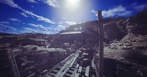 Exploration of an abandoned western mining town under a bright sky Stock Footage 330060952