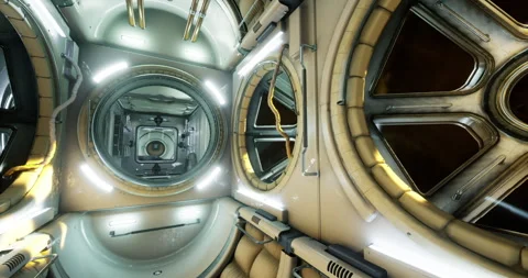 Exploration of an advanced space station interior with high tech features 스톡 동영상 313496267