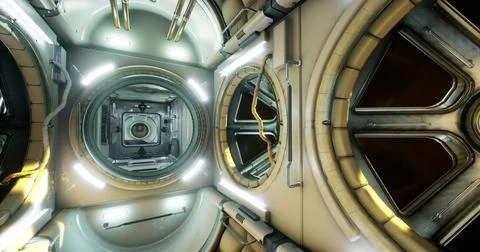 Exploration of an advanced space station interior with high tech features Stock Illustration