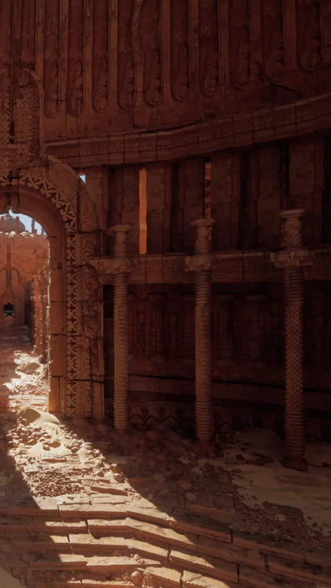 Exploration of an ancient building in a desert setting at sunset Stock Footage 339506872