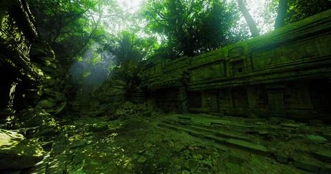 Exploration of an ancient overgrown temple surrounded by lush greenery Stock Illustration