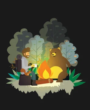 Exploration background man stylized bear fire icons Stock Illustration