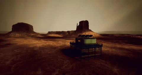 Exploration base on a distant planet with rocky formations at sunset Stock Footage 321348988