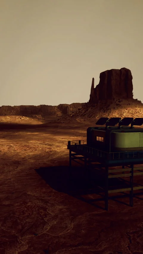Exploration base on a distant planet with rocky formations at sunset Stock Footage 321784246