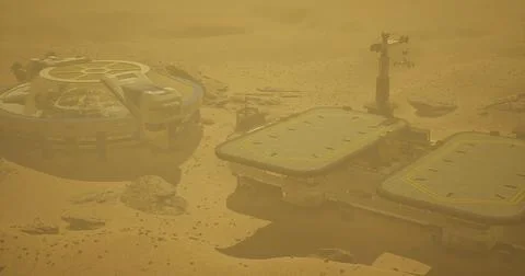 Exploration base on a dusty landscape with advanced technology and equipment Illustrazione stock