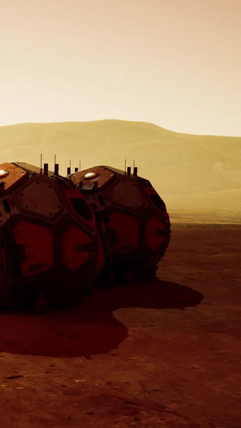 Exploration base on Mars during sunset with mountains in the background Stock Footage 341042960