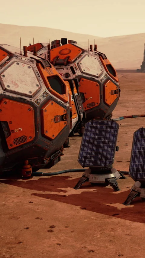 Exploration base on Mars with habitat modules and solar panel setup Stock Footage 339775394