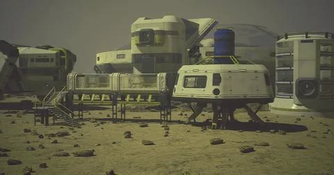 Exploration base on Mars with habitat units and research facilities Stock Illustration
