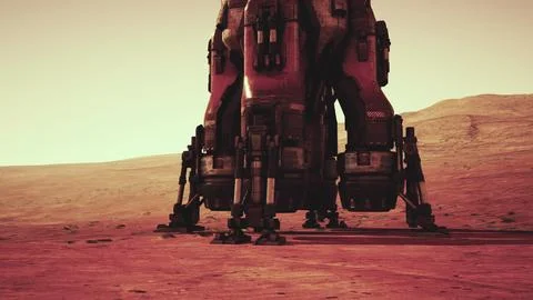 Exploration base on Mars showing a robotic lander preparing for deployment Stock Illustration