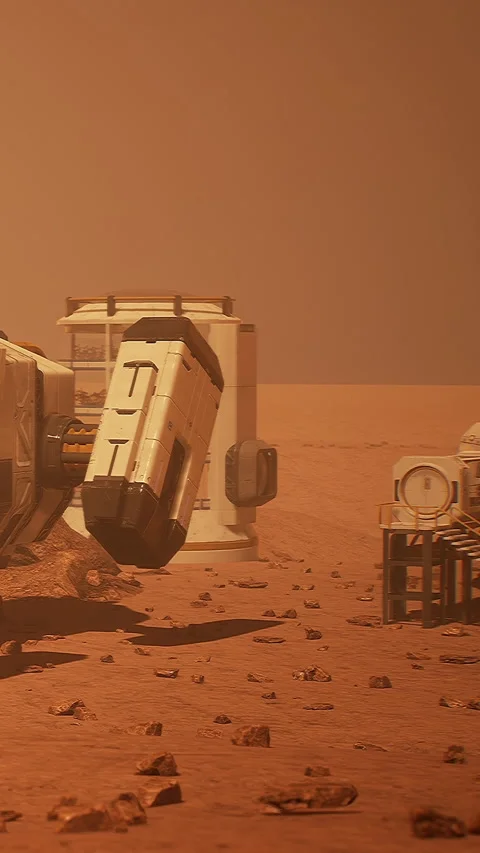 Exploration base on Mars with structures and a rover in dusty landscape Stock Footage 338386648