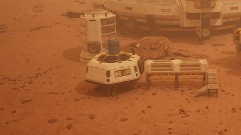 Exploration base on Mars with structures and rocky terrain Stock Footage 345055110