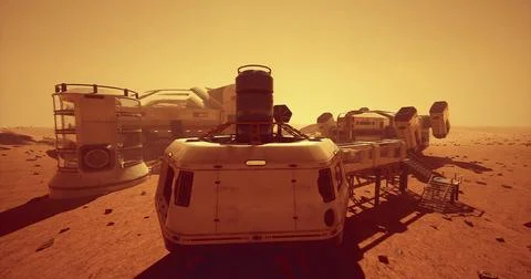 Exploration base on Mars under a dusty, orange sky Stock Illustration