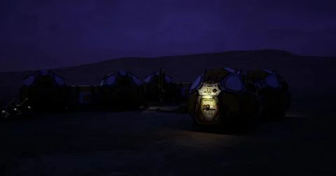 Exploration base on Mars under a night sky with illuminated habitat modules Stock Illustration