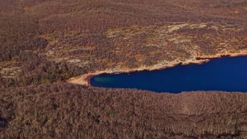Exploration of a blue lake surrounded by dry trees and rocky terrain in an Stock Footage 332057796