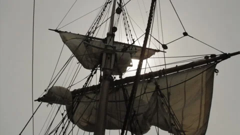 Exploration boat - Tall-ship, rigging, masts and giant sails at sea. Stock Footage 165430309