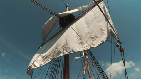Exploration boat - Tall-ship, rigging, masts and giant sails at sea. Stock Footage 165454752