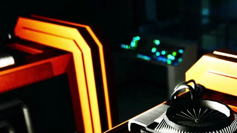 Exploration of bright equipment in a dark room at a tech facility Stock Footage 345007486