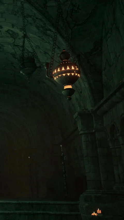 Exploration of a dimly lit stone corridor with hanging lights Stock Footage 337960129