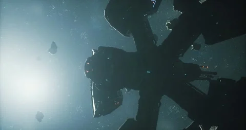 Exploration of a distant space station amidst glowing cosmic elements Stock Footage 327791337