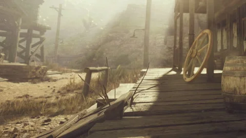Exploration of a Dusty Old Town Amid Fading Sunshine and Wooden Structures Stock Footage 344528026