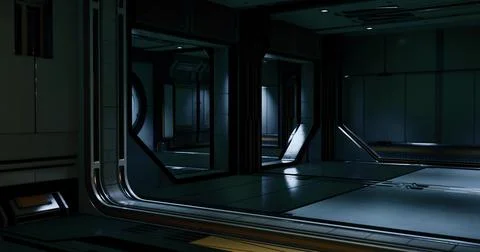 Exploration of a futuristic corridor in a high tech facility at night Illustrazione stock